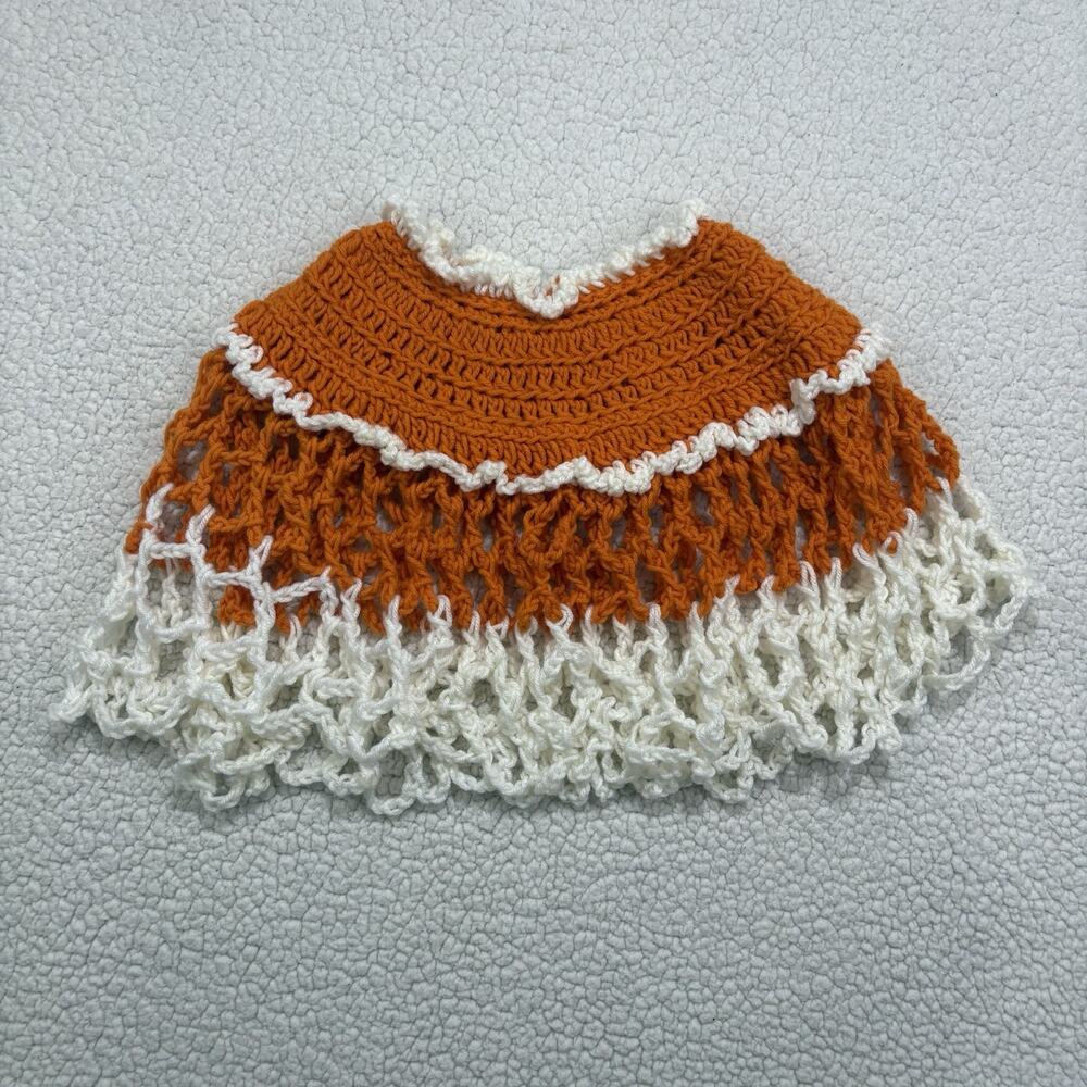 Vintage Handmade Girls Poncho Crochet Open Knit Kids Orange White Boho 70s 80s - Picture 2 of 4